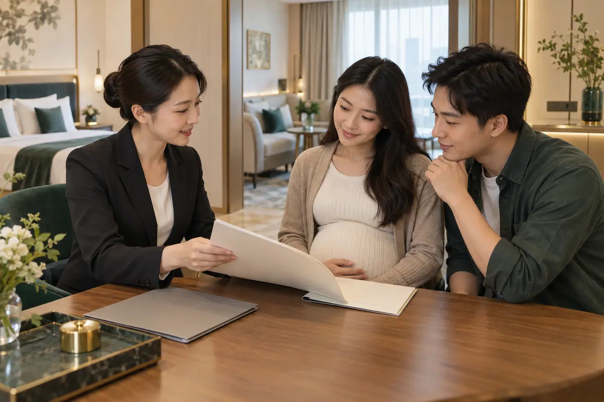 上海月子中心服务合同咨询主题示意图,家属与接待人员在休息区核对服务资料